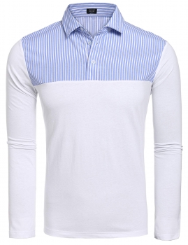 

Blue New Mens Casual Polo Collar Long Sleeve Striped Patchwork Shirts, Multicolor