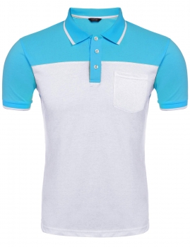 

Blue and White Men Casual Short Sleeve Collared Patchwork Contrast Color Front Pocket Slim Pullover Polo Shirt, Multicolor
