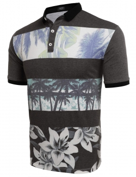 

Black Print Turn Down Collar Short Sleeve Casual Polo Shirt, Multicolor
