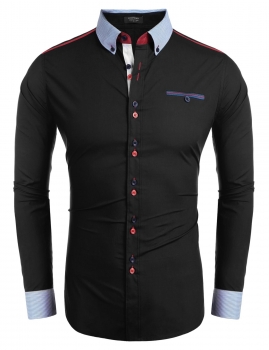 

Black Long Sleeve Contrast Color Casual Button Down Shirt, Multicolor