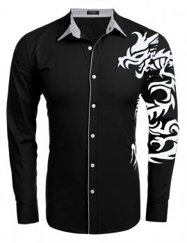 

Black Men's Long Sleeve Print Patchwork Casual Button Down Shirt, Multicolor