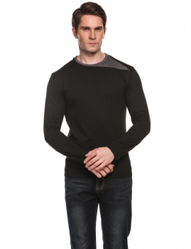 

Black Men Casual Long Sleeve Contrast Color O Neck Patchwork Double Layer Slim Pullover T-Shirt, Multicolor