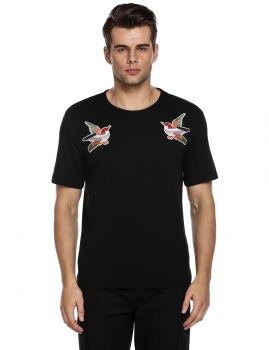 

Black Men's O-Neck Short Sleeve Birds Embroidered Casual T-Shirt, Multicolor
