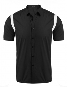 

Black Men's Short Sleeve Stand Collar Button Patchwork Shirt, Multicolor