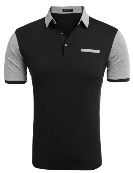 

Black Men Turn Down Collar Short Sleeve Contrast Color Patchwork Polo T-Shirt, Multicolor