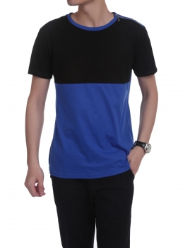 

Blue Short Sleeve O Neck Zipper Decor Contrast Color Patchwork Slim Pullover T-Shirt, Multicolor