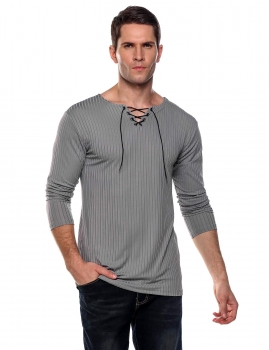 

Gray Lace Up V-Neck Long Sleeve Solid Ribbed T-Shirt, Multicolor
