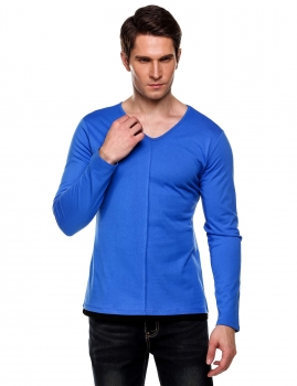 

Blue Athletic V-Neck Long Sleeve Patchwotk Hem Casual T-Shirt, Multicolor
