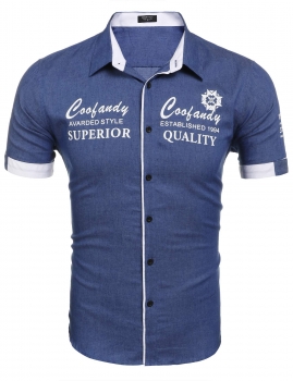 

Blue Men's Turn Down Collar Short Sleeve Letter Print Casual Denim Shirt, Multicolor