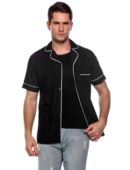 

Black Notch Collar Short Sleeve Patchwork Button Down Shirt, Multicolor