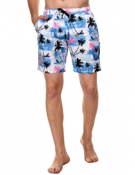 

White Men's Summer Drawstring Waist Print Beach Board Shorts, Multicolor