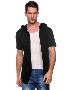 

Black Short Sleeve Letter Print Irregular Zip Up Hooded Coat, Multicolor