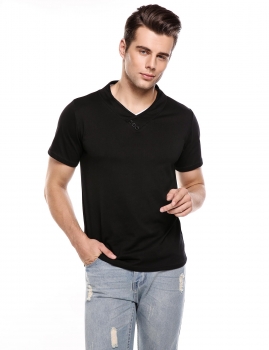 

Short Sleeve Double Layer V Neck Solid Slim Contrast Color Pullover T-Shirt, Multicolor