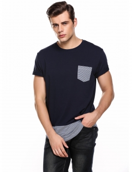 

Dark blue Front Pocket Patchwork Pullover O Neck Fashion T-Shirt, Multicolor