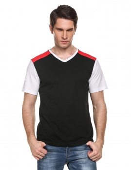 

Black Athletic Men's V-Neck Short Sleeve Patchwork Casual T-Shirt, Multicolor