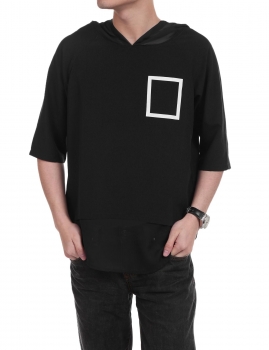 

Black Men's Short Sleeve Hooded Patchwork Loose Pullover Fashion T-Shirt, Multicolor