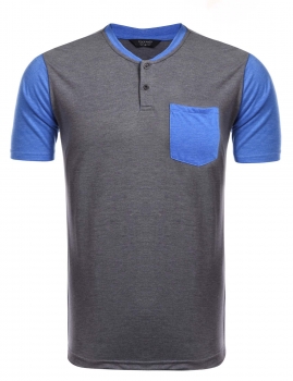 

Dark gray Patchwork Blue Pocket Short Sleeve Button Basic T-Shirt, Multicolor