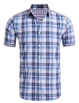 

Blue Short Sleeve Button Down Collar Plaid Casual Shirt, Multicolor