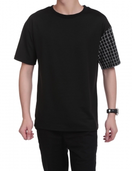 

Black Short Sleeve O Neck Plaid Patchwork Asymmetrical Basic Pullover T-Shirt, Multicolor