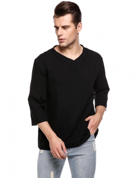 

Black Casual 3"4 Sleeve V Neck Solid Loose Pullover T-Shirt, Multicolor