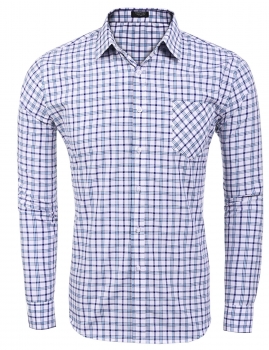 

Blue Turn Down Collar Long Sleeve Plaid Button Down Shirts, Multicolor