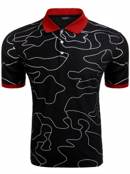 

Black Short Sleeve Glitter Print Contrast Color Polo Shirt, Multicolor