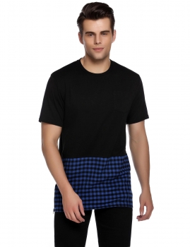 

Black O-Neck Short Sleeve Plaid Patchwork Zipper Trim T-Shirt, Multicolor