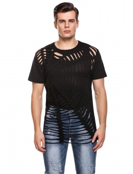 

Black Men's O-Neck Short Sleeve Hollow Out Solid T-Shirt, Multicolor
