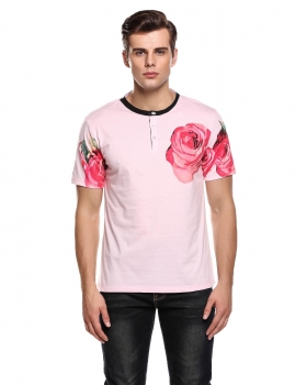

Pink Floral Print O-Neck Button Casual T-Shirt, Multicolor