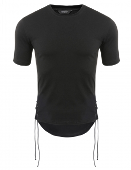 

Black Men Short Sleeve Solid Basic Tee Side Lace-up Asymmetric Hem Loose T-shirt, Multicolor