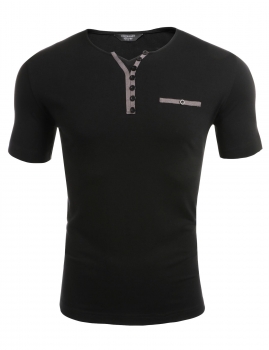 

Black Notch Neck Button Summer Casual T-Shirt, Multicolor