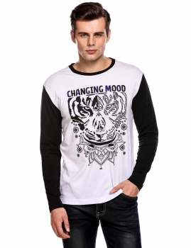 

Black O-Neck Long Sleeve Print Patchwork T-Shirt, Multicolor
