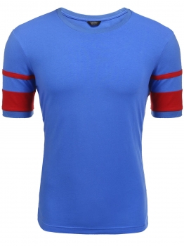

Blue Men's O-Neck Short Sleeve Zipper Patchwork T-Shirt, Multicolor