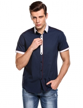 

Blue Contrast Color Patchwork Button Down Casual Shirt, Multicolor