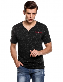 

Black V-Neck Button Short Sleeve Pocket Summer Casual T-Shirt, Multicolor