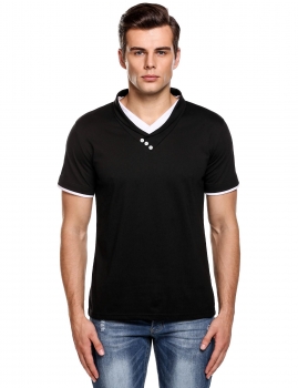 

Black V-Neck Short Sleeve Patchwork Slim Fit Casual T-Shirt, Multicolor