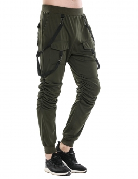 

Army green Solid Elastic Waist Band Pockets Long Sports Pants, Multicolor