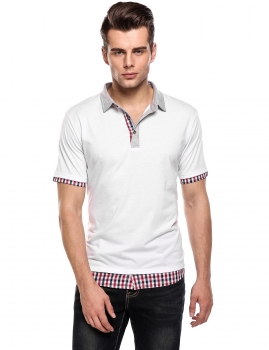 

White Turn Down Collar Short Sleeve Plaid Patchwork Polo Shirt, Multicolor
