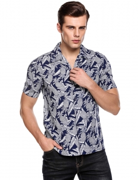 

Blue Turn Down Collar Short Sleeve Button Down Hawaiian Shirts, Multicolor