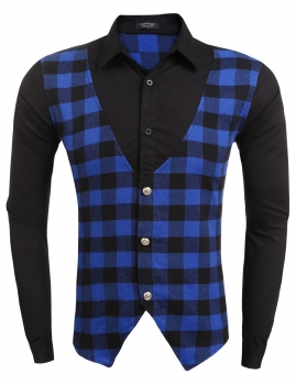 

Blue Men Slim Fit Long Sleeve Plaid Vest Patchwork Button Down Shirts, Multicolor