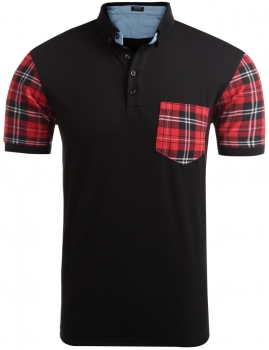 

Black Turn Down Collar Short Sleeve Plaid Patchwork Pocket Polo T-Shirt, Multicolor