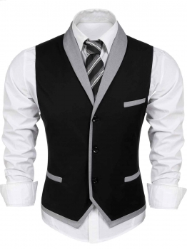 

Black Men's Casual V-Neck 3 Button 3 Pockets Contrast Color Vest, Multicolor