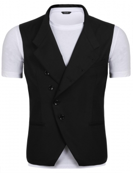 

Black Notched Collar Oblique Slim Fit Button Pockets Vest, Multicolor