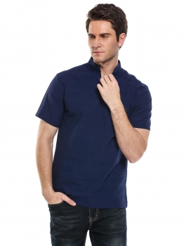

Blue Men's Stand Collar 2-Button Short Sleeve Split Solid Casual T-Shirt, Multicolor