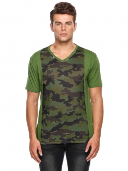 

Army green V-Neck Short Sleeve Camouflage Patchwork Casual T-Shirt, Multicolor
