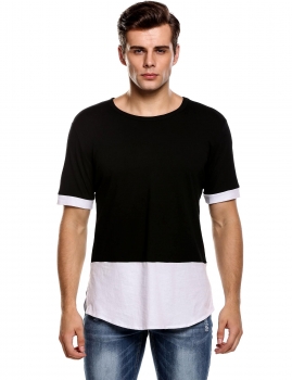 

Black Men's Short Sleeve Contrast Color Patchwork Split T-Shirt, Multicolor