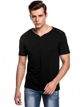 

Black Notch Neck Button Short Sleeve Summer T-Shirt, Multicolor