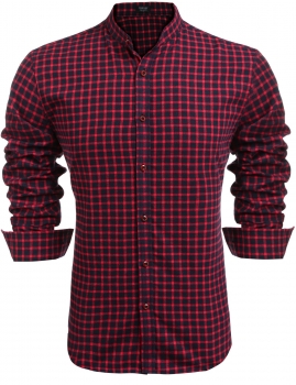 

Red Men Stand Color Long Sleeve Plaid Button Down Casual Shirts, Multicolor