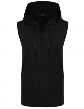 

Black Men's Sleeveless Lace-up Hoodie Vest with Pockets, Multicolor