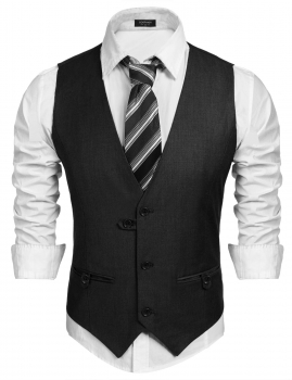 

Black V-Neck Solid Pocket Casual Button Suit Vest Waistcoat, Multicolor
